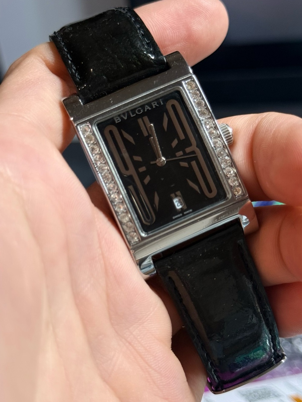 Sold ✅✅✅✅(Run Working) 👍Black Dial Diamond-Accented Rectangular Watch